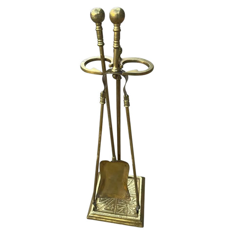 Three-Piece American Brass and Iron Fireplace Tool Set