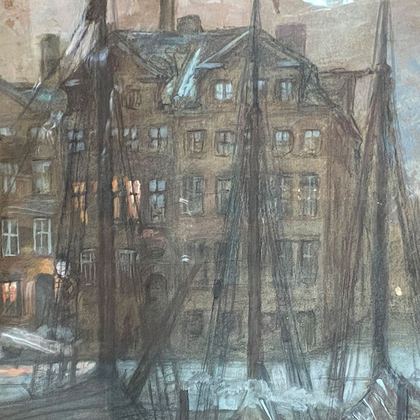 GUDMUND HENTZE Pencil, Pastel and Gouache on Paper, Danish Moonlit Canal Scene