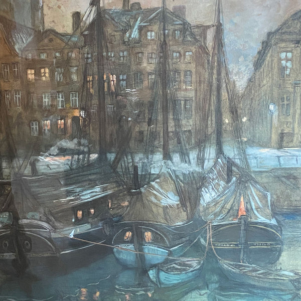 GUDMUND HENTZE Pencil, Pastel and Gouache on Paper, Danish Moonlit Canal Scene