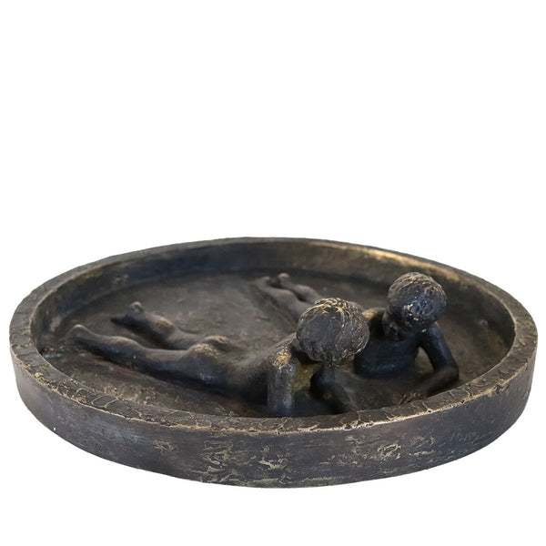 American Cast Bronze Sculpture, Two Children in a Wading Pool, Signed SB