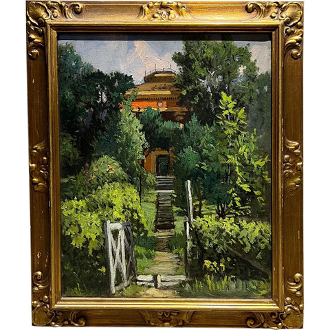 European Oil on Canvas Painting, Garden Entrance