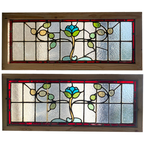 Pair English/Scottish Art Nouveau Leaded and Stained Glass Transom Windows
