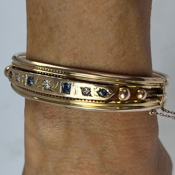 English Victorian 9 Karat Yellow and Rose Gold Diamond and Sapphire Bangle Bracelet