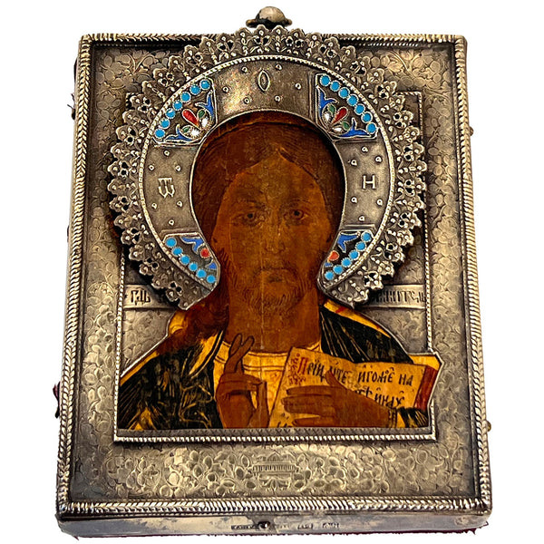 Russian 84 Silver, Cloisonne Enamel, Tempera on Wood Christ Pantocrator Icon