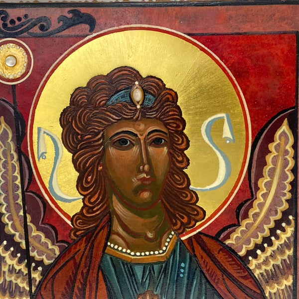 JAN L. FARRELL Gilt Tempera Painting on Board Icon of Archangel Michael