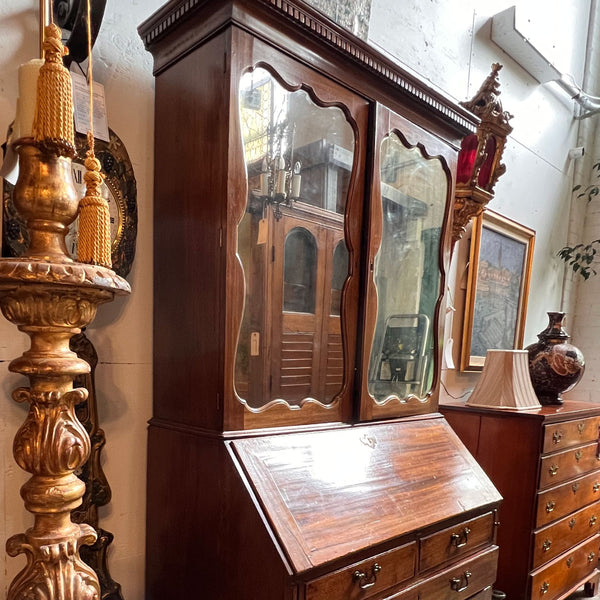 English George II Mahogany Mirrored Bureau Cabinet (Secretary Bookcase)