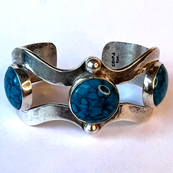 Mexican Taxco Sterling Silver and Howlite Triple-Stone Cuff Bracelet