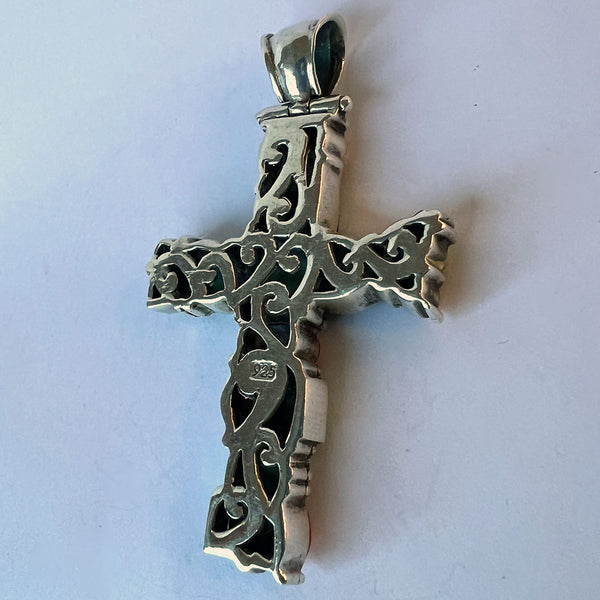 Native American Heavy Sterling Silver Multi-Stone Cross Necklace Pendant