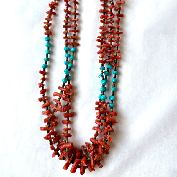 Native American Silver, Coral, Heishi Shell, Turquoise Beaded Triple-Strand Necklace