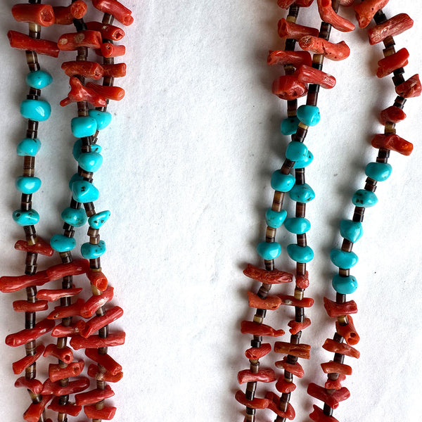 Native American Silver, Coral, Heishi Shell, Turquoise Beaded Triple-Strand Necklace