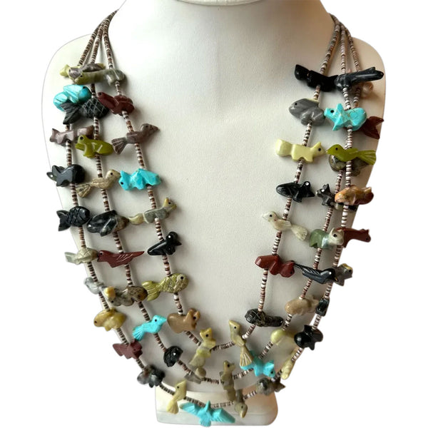 Vintage Native American Zuni Multi-Stone and Shell Triple-Strand Fetish Necklace