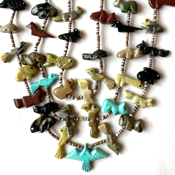 Vintage Native American Zuni Multi-Stone and Shell Triple-Strand Fetish Necklace