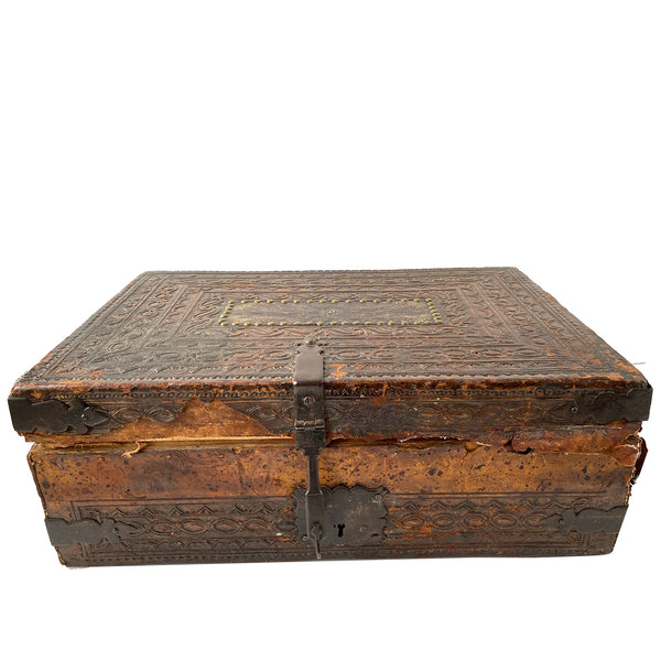 Spanish Baroque Tooled Leather and Iron Mounted Pine Desk / Document Box