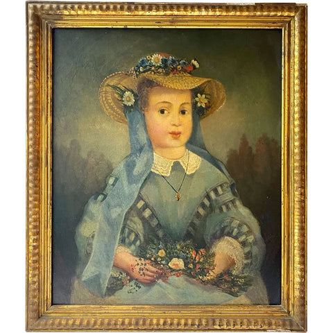 Continental Oil on Canvas Painting, Portrait of a Young Girl in a Floral Straw Hat