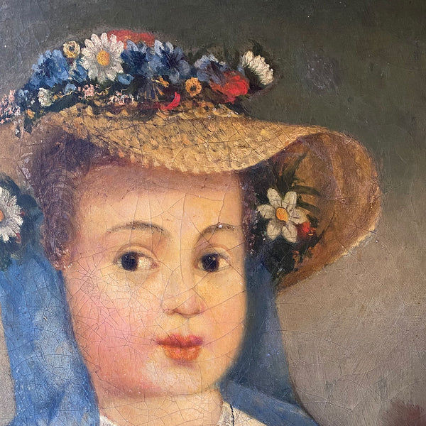 Continental Oil on Canvas Painting, Portrait of a Young Girl in a Floral Straw Hat