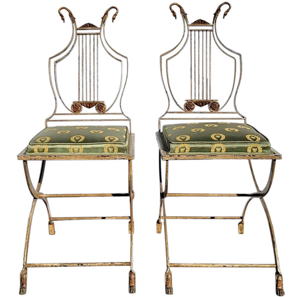 Pair of French Neoclassical Painted Metal Swan and Lyre Back Folding Side Chairs