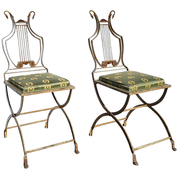 Pair of French Neoclassical Painted Metal Swan and Lyre Back Folding Side Chairs