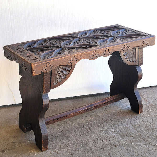French Gothic Revival Carved Oak Bench / Low Side Table