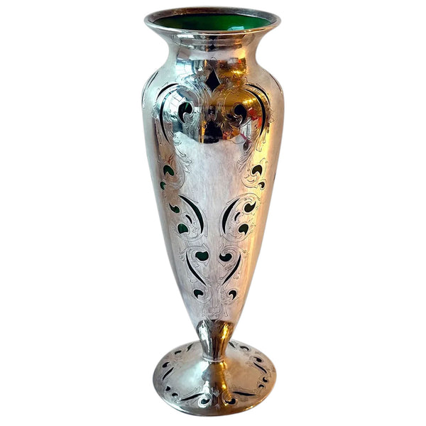Large American Steuben Emerald Glass and Alvin Sterling Silver Deposit Ware Vase