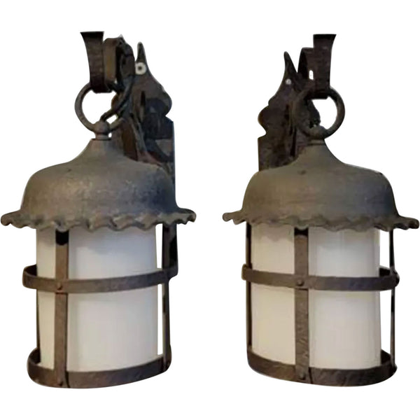 Pair American Lafayette Hughes Mansion Wrought Iron, Glass One-Light Lantern Sconces