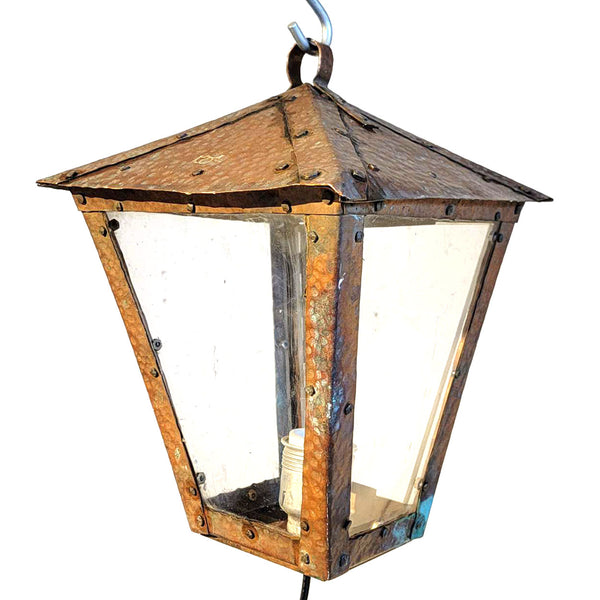 American Arts and Crafts Hammered Copper and Glass One-Light Pendant Lantern