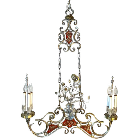 French Maison Baguès Rock Crystal Red and Gilt Iron Six-Light Two-Arm Chandelier