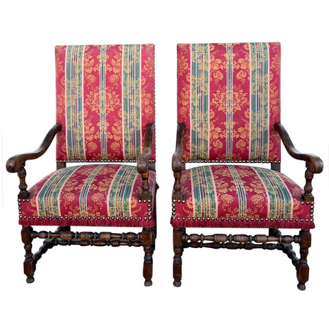 Pair of French Baroque Style Walnut Upholstered Fauteuil Armchairs