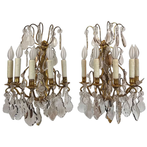 Pair French Louis XV Style Gilt Bronze and Crystal Five-Light Wall Sconces