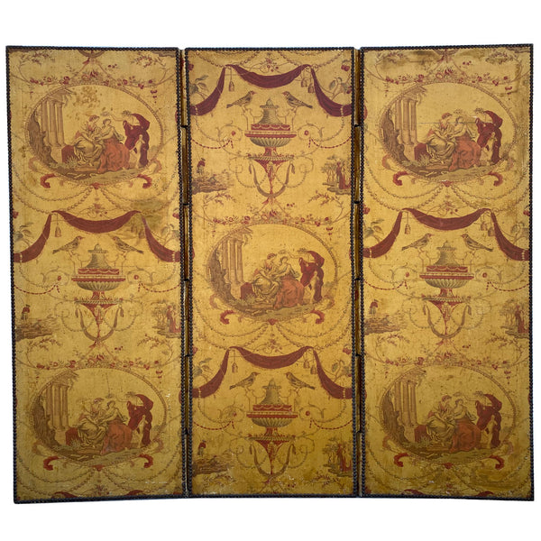 French Louis XVI Style Toile Linen Fabric Three-Fold Room Screen
