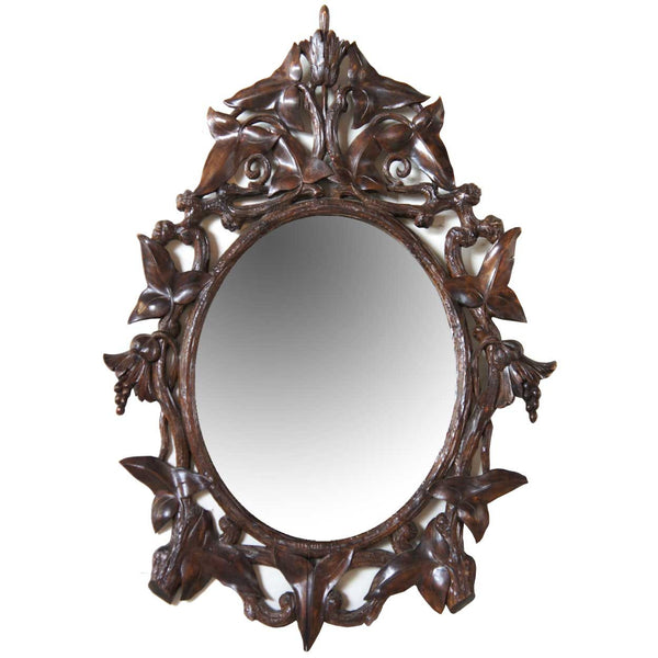 German Black Forest Walnut Oval Mirror Frame