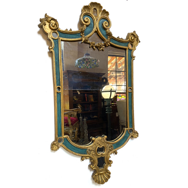 Large Italian Rococo Revival Pine Gilt and Green Painted Wall Mirror