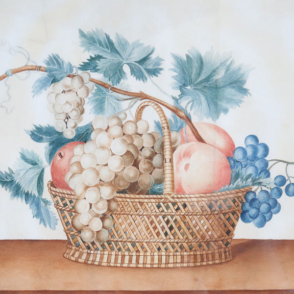 American New England Watercolor Painting on Paper Theorem, Fruit Basket