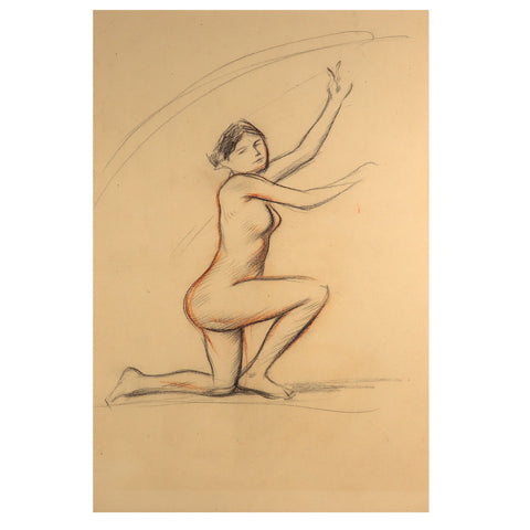 JEAN-LOUIS FORAIN Pencil on Paper Drawing, Nude Woman Kneeling on One Knee