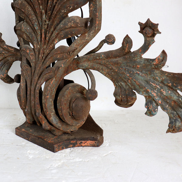 Large Pair of French Wrought Iron Foliate Scroll Three-Light Sconces
