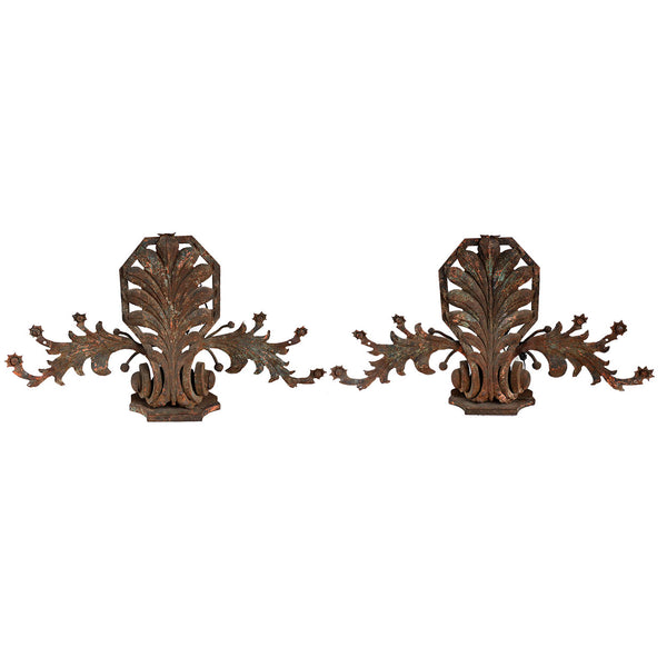 Large Pair of French Wrought Iron Foliate Scroll Three-Light Sconces