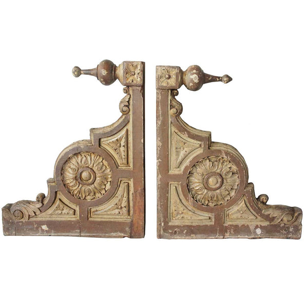 Pair Very Large Anglo Indian Painted Teak Porch Roof Corbel Brackets