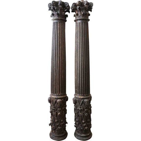Small Pair of Early Indo-Portuguese Baroque Painted Teak Architectural Pilasters
