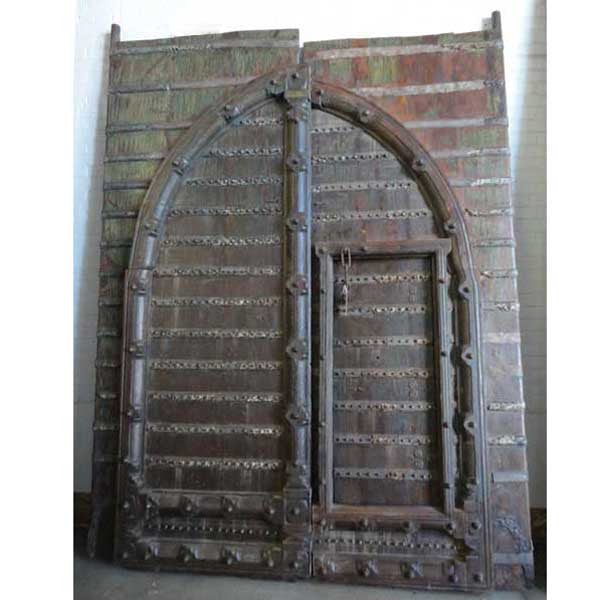 Grand Indo-Portuguese Iron Mounted Painted Teak Double Door Gate