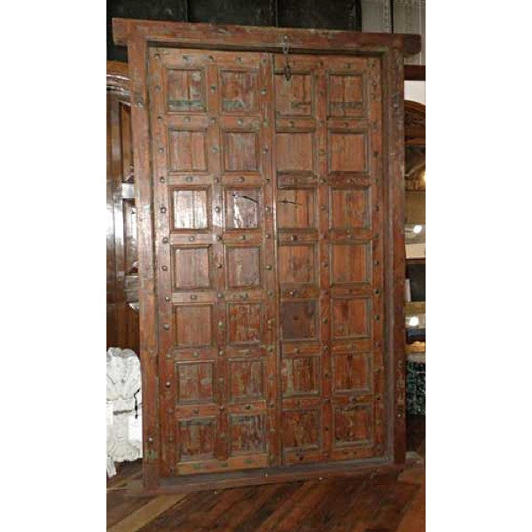 Indian Teak and Iron Nailhead Double Door with Frame