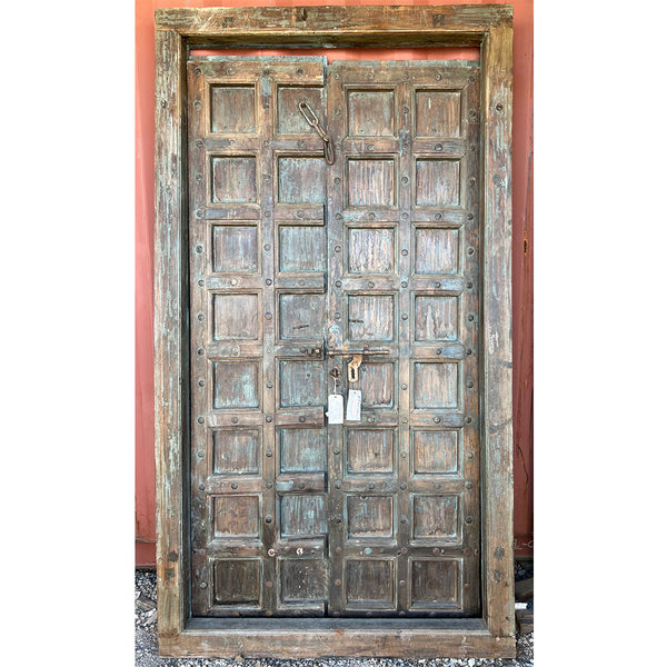 Indo-Portuguese Iron Nailhead Painted Teak Double Door with Frame