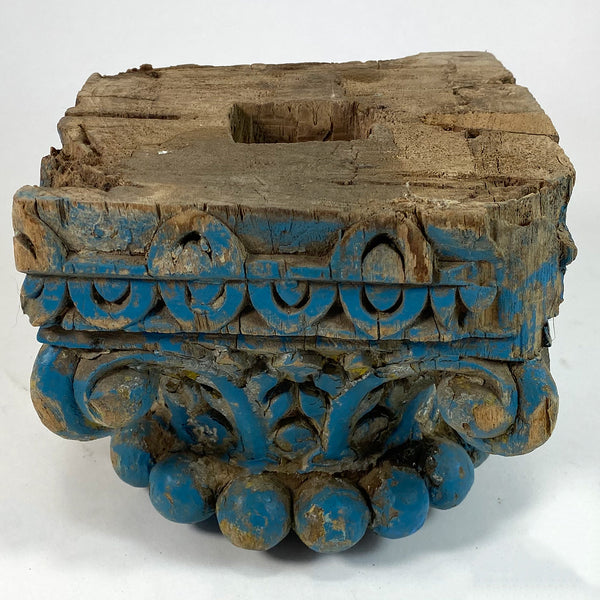 Small Indian Blue Painted Teak Architectural Pillar and Capital