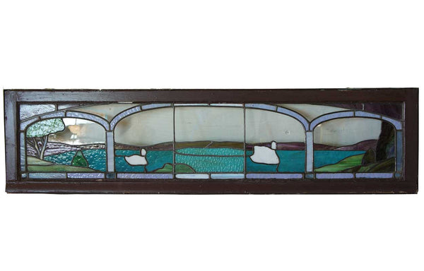 Set of Three American Arts and Crafts Stained, Leaded and Copper Foil Glass Scenic Swan Windows