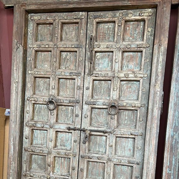 Large Indian Blue Painted Teak and Iron Mounted Double Door with Frame