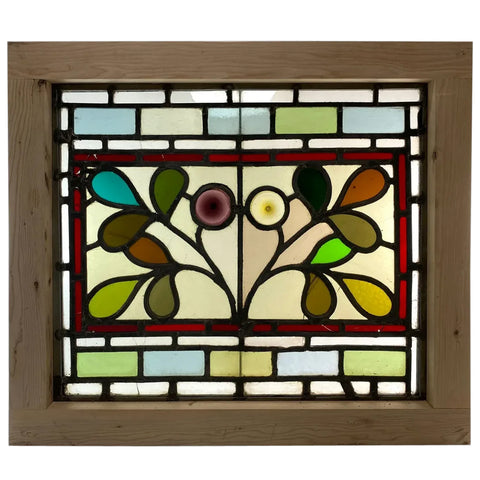 Small English Aesthetic Movement Stained and Leaded Glass Leaf and Berry Window