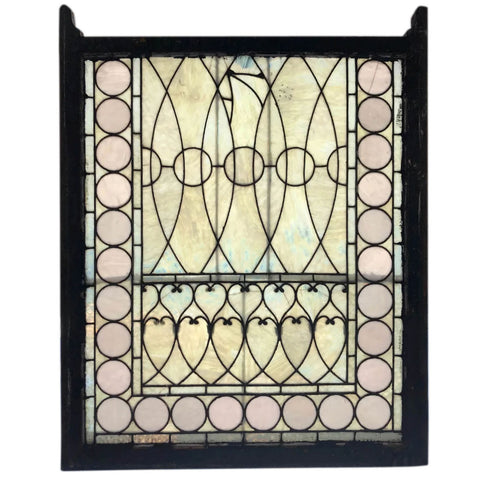 American Tiffany Studios Stained, Leaded Opalescent Glass Pine Frame Sash Window