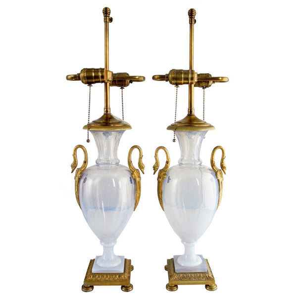 Pair French Empire Ormolu Mounted Opalescent Glass Two-Light Table Lamps
