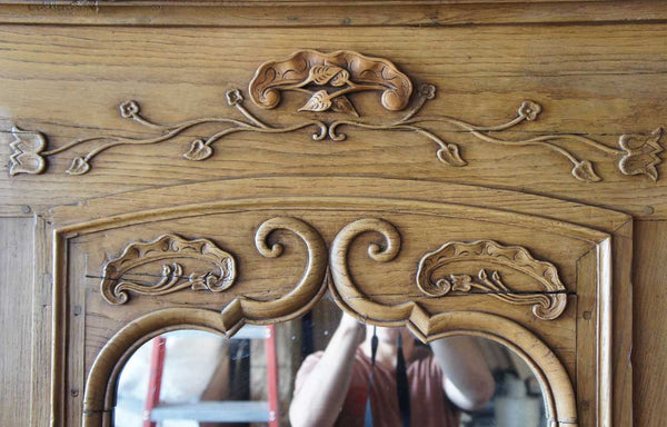 French Provincial Fanny Brice Mansion Louis XV Oak Fireplace Surround and Mirrored Overmantel
