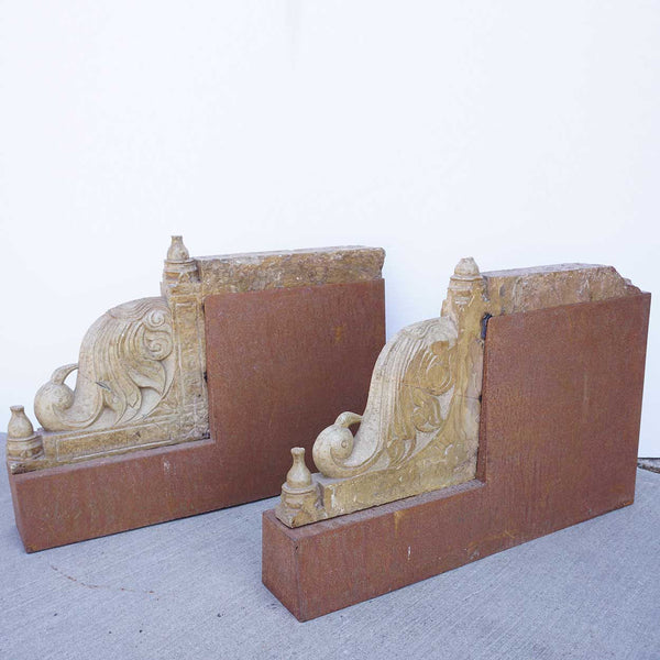 Pair of Indian Carved Limestone Bird-Form Architectural Brackets on Custom Iron Bases