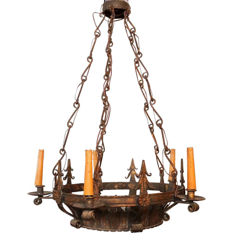 Vintage Wrought Iron and Glass Crown Form Six-Light Chandelier