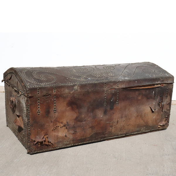 Portuguese Baroque Leather Brass Studded Iron Mounted Dome-Top Coffer Trunk